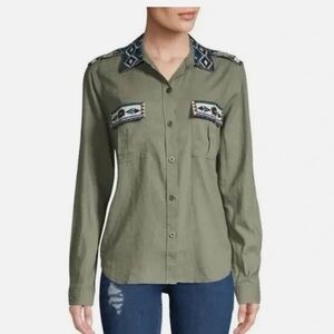 RAILS Kona Button-Front Linen Blend Embroidered Olive Green Shirt Sz XS